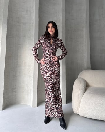 Öpücük Yaka Maxi Boy Desenli Elbise - LEOPAR - M