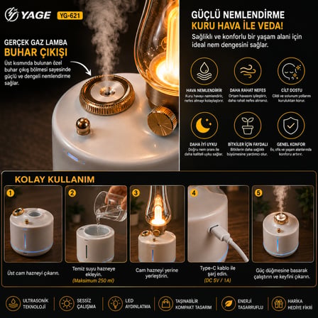 Nostaljik Gaz Lambası Tasarımlı Hava Nemlendirici LED Işıklı USB Şarjlı Dekoratif Buhar Makinesi