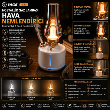 Nostaljik Gaz Lambası Tasarımlı Hava Nemlendirici LED Işıklı USB Şarjlı Dekoratif Buhar Makinesi