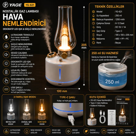 Nostaljik Gaz Lambası Tasarımlı Hava Nemlendirici LED Işıklı USB Şarjlı Dekoratif Buhar Makinesi