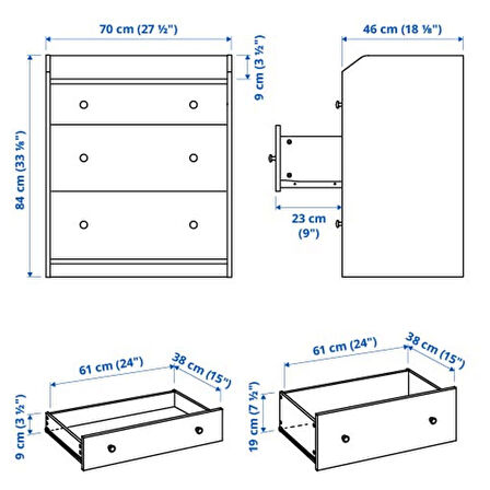 3 çekmeceli şifonyer, beyaz, 70x46x84 cm