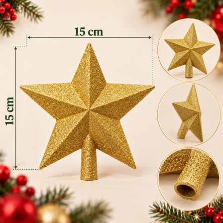 BakGelAl Lüks Yılbaşı Çam Ağacı Tepeliği - 15x15 cm Işıltılı Simli Gold (Altın) Yıldız Ağaç Süsü