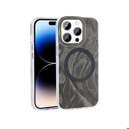 Apple iPhone 14 Pro Max ile Uyumlu Kılıf Magsafe Şarj Özellikli Fırça Boya Desenli Kapak