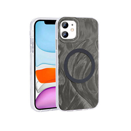 Apple iPhone 11 ile Uyumlu Kılıf Magsafe Şarj Özellikli Fırça Boya Desenli Kapak