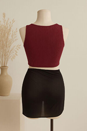 Kadın Bordo Yuvarlak Yaka Crop Ve Siyah Pareo 2'li Set - Bordo - L-XL