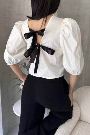 Karpuz Kol Sırtı Fiyonk Detaylı Poplin Bluz - BEYAZ - XL