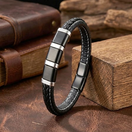 💎 Premium Siyah-Beyaz 316L Çelik Ve Saç Örgü Erkek Deri Bileklik 31834B26D3 - 21 cm