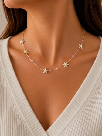💎 Premium Gold Deniz Yıldızı Figürlü Boncuk Detaylı Yaz Temalı Zarif Kadın Kolye – (45cm)