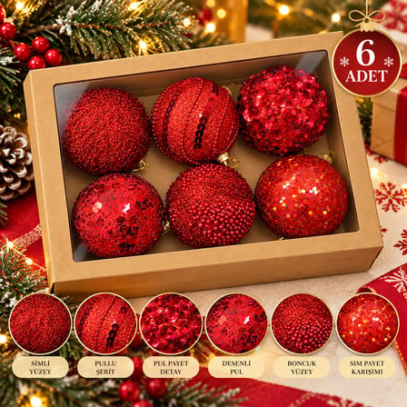 Premium 6'lı Yılbaşı Ağaç Süsleme Seti - 8 cm Yılbaşı Topu Aksesuarı 