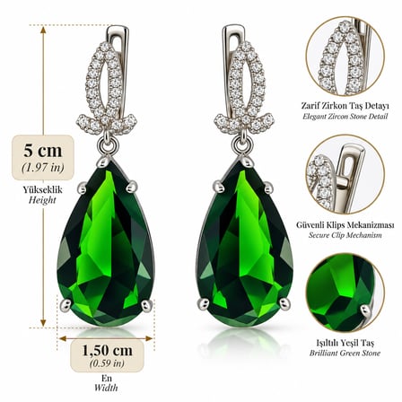 💎 Premium Parlak ve Şık 925 Gümüş Üzeri Rodyum Kaplama Yeşil Zümrüt Taşlı Damla Kadın Küpe