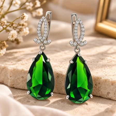 💎 Premium Parlak ve Şık 925 Gümüş Üzeri Rodyum Kaplama Yeşil Zümrüt Taşlı Damla Kadın Küpe