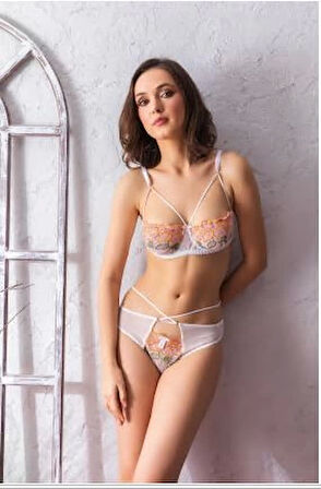 Gallipoli 32052 Çiçekli Transparan Straplez Sütyen ve String Takım - Ekru - 90B