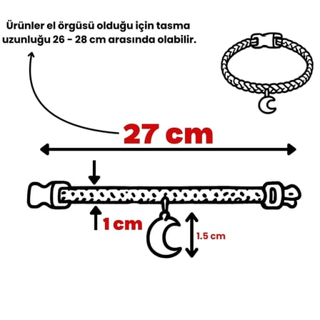 Mavi El Örgüsü Makrome Kedi Tasması 27 cm - Ay Figürlü Charm Şık Kedi Boyun Tasması