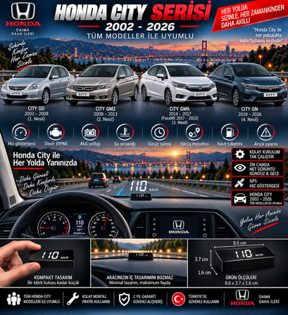 Honda City 2002-2026 modeller için head up display hayalet gösterge ekranı ön cam hız göstergesi