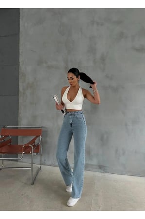 Genar Kadın Yüksek Bel Jean Palozzo Jean Bol Paça  Pantolon