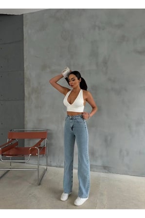 Genar Kadın Yüksek Bel Jean Palozzo Jean Bol Paça  Pantolon