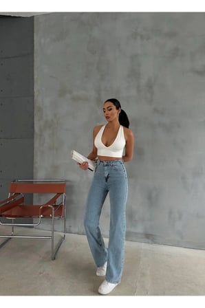 Genar Kadın Yüksek Bel Jean Palozzo Jean Bol Paça  Pantolon