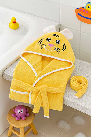 Kapşonlu Unisex &#37;100 Pamuklu Çocuk Banyo Bornozu Tiger - 11-12 Yaş