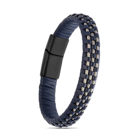 💎 Premium Lacivert Deri Burma Örgü 316L Çelik Halat Bileklik 31834B1D3-4 (21 cm Uzunluk)