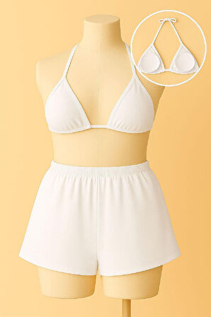 Kadın Beyaz Şortlu Belden Ve Boyundan Bağlamalı Bikini Takımı - Beyaz - L-XL