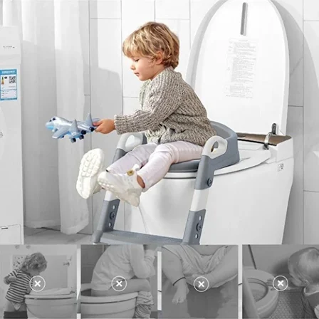 Gri Merdivenli Çocuk Klozet Adaptörü - 5 Kademeli Boy Ayarlı ve Katlanabilir Eğitici Tuvalet Oturağı
