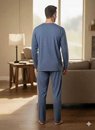 ERKEK MAVİ UZUN KOL PİJAMA TAKIM