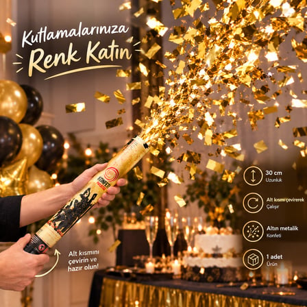 BakGelAl 2'li Altın Metalik Konfeti Patlatıcı 30 cm - Gold Parlak Düğün, Nişan, Doğum Günü Ve Yılbaşı Kutlama Konfetisi