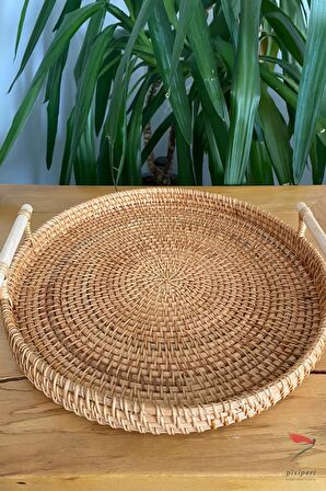 %100 El İşciliği Modern Iskandinav Bohem Rattan Kulplu Hasır Tepsi 30cm