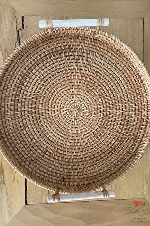 %100 El İşciliği Modern Iskandinav Bohem Rattan Kulplu Hasır Tepsi 30cm