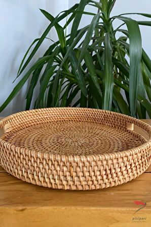 %100 El İşciliği Modern Iskandinav Bohem Rattan Gizli Kulplu Hasır Tepsi 30cm