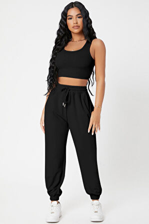 Kadın Siyah Kaşkorse Cepli Jogger Eşofman Altı Ve Crop Top Bluz - Siyah - L-XL