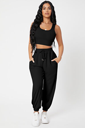 Kadın Siyah Kaşkorse Cepli Jogger Eşofman Altı Ve Crop Top Bluz - Siyah - L-XL