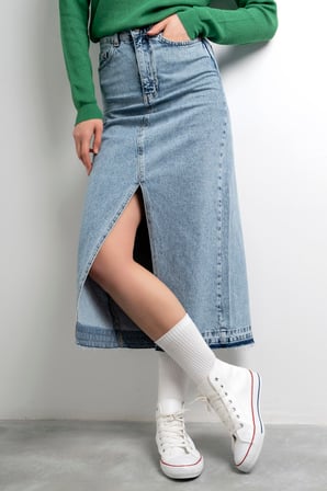 Kadın Snow Kot Rengi Derin Yırtmaçlı Yüksek Bel Uzun Denim Etek