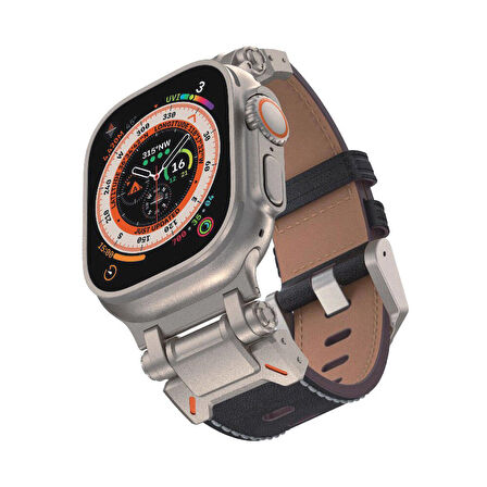 Apple Watch 4/5/6/SE (1.Nesil)/SE 45mm ile Uyumlu Kordon Metal Başlıklı Suni Deri Kordon