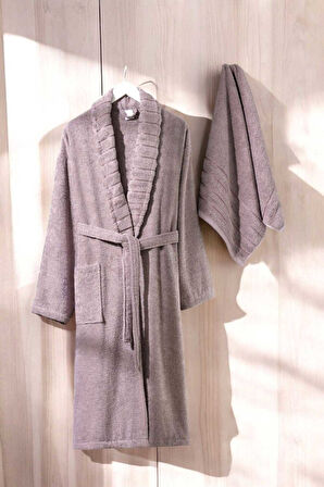 AquaLoom Lüx Kadın Bornoz ve Havlu Seti &#37;100 Pamuklu Mürdüm - L-XL