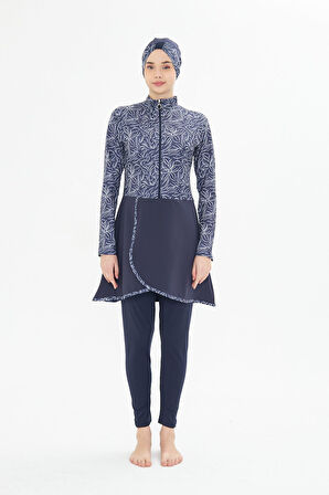 Kadın Tam Kapalı Tesettür Mayo 4 Parça – Desenli – LACİVERT-2XL