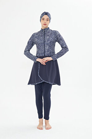 Kadın Tam Kapalı Tesettür Mayo 4 Parça – Desenli – LACİVERT-2XL