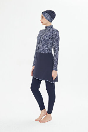 Kadın Tam Kapalı Tesettür Mayo 4 Parça – Desenli – LACİVERT-2XL