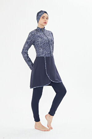 Kadın Tam Kapalı Tesettür Mayo 4 Parça – Desenli – LACİVERT-2XL
