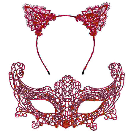 Romantik Kırmızı Dantel Maske Seti – Kedi Kulaklı Taç ve Maske No 3 