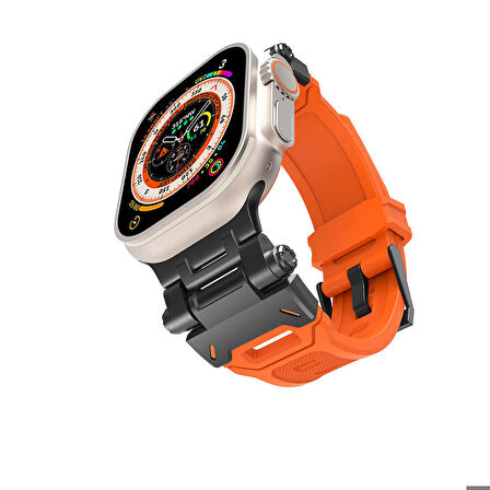 Apple Watch 7/8/9 45mm ile Uyumlu Kordon Metal Başlıklı Silikon Kordon