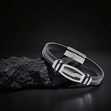   Deri Kordonlu Çelik Halat Erkek Bileklik 31834B17D6 