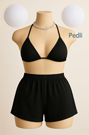 Kadın Siyah Şortlu Belden Ve Boyundan Bağlamalı Bikini Takımı - Siyah - L-XL