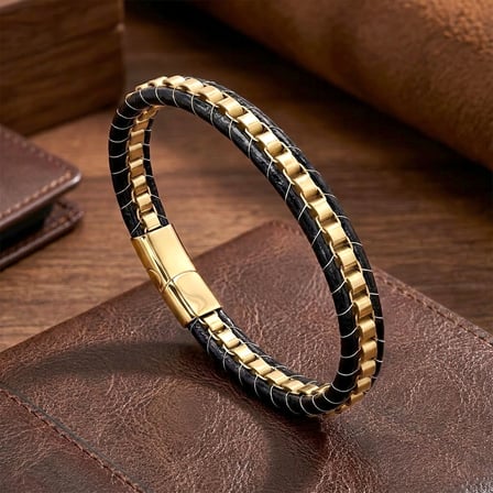 💎 Premium Sarı Çelik Zincir Örgülü Ve Deri Erkek Bileklik 31834B24D4 - 21 cm