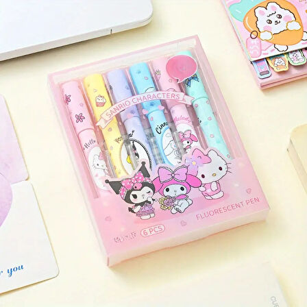6'lı Fosforlu Kalem Seti - Sanrio Karakterleri, Kuromi, Hello Kitty 