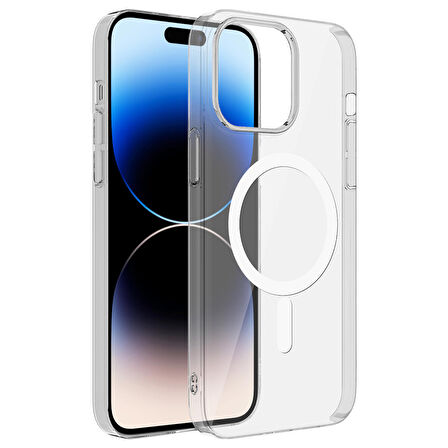 Apple iPhone 14 Pro Max ile Uyumlu Kılıf Magsafe Şarj Özellikli Şeffaf Tek Kamera Çerçeveli Kapak