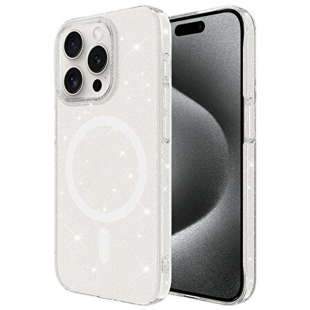 Apple iPhone 15 Pro Max ile Uyumlu Kılıf Magsafe Şarj Özellikli Simli Şeffaf Arka Yüzey Kapak