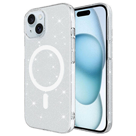 Apple iPhone 15 Plus Max ile Uyumlu Kılıf Magsafe Şarj Özellikli Simli Şeffaf Arka Yüzey Kapak