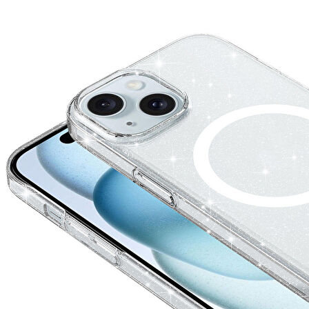 Apple iPhone 15 Plus Max ile Uyumlu Kılıf Magsafe Şarj Özellikli Simli Şeffaf Arka Yüzey Kapak