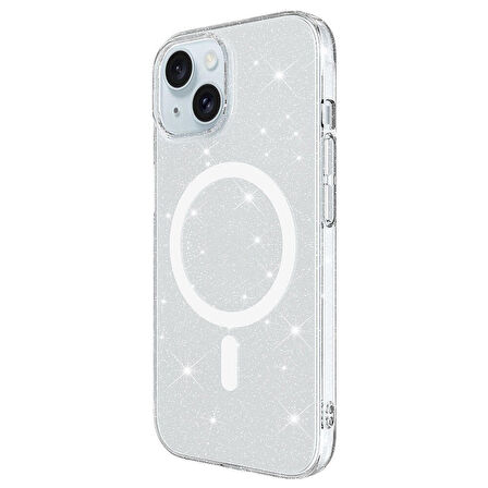 Apple iPhone 15 Plus Max ile Uyumlu Kılıf Magsafe Şarj Özellikli Simli Şeffaf Arka Yüzey Kapak